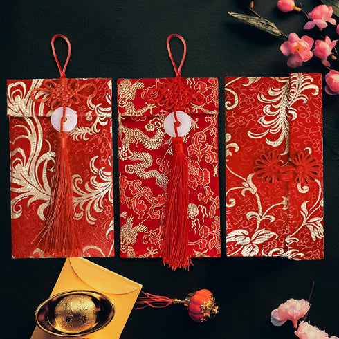3 pcs Embroidered Red Envelopes, UNIIDECO Chinese Lunar New Year Lai Si Envelope Honhbao, Angpao Gift Wrap Bags Red Lucky Money Pockets for Spring...