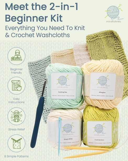 mindfulknits Knitting Kit for Beginners Adults with Knitting Needles, Yarn Needle & 100% Cotton Knitting Yarn (4) – Make Washcloths - Zen Basic Kn...