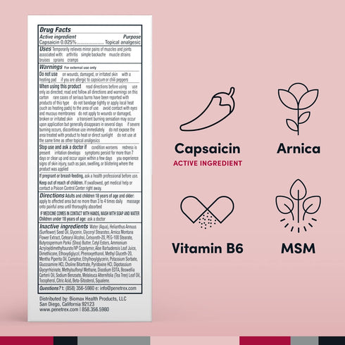 Penetrex Warming Pain Relief Cream – Deep Penetrating Capsaicin with Arnica, Vitamin B6 & MSM(DMSO2) – Apply to Hands, Wrists, Feet, Knees, Elbows...