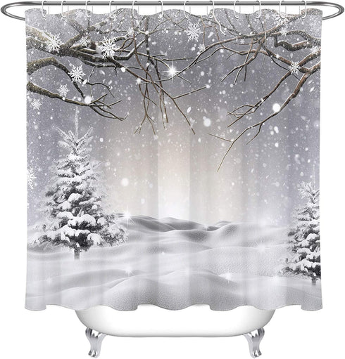 LB Winter Shower Curtain Set Snowflake Pine Tree Branch Snow Scene Bathroom Curtain with Hooks 72x72 inch Waterproof Polyester Fabric Bathroom Dec...