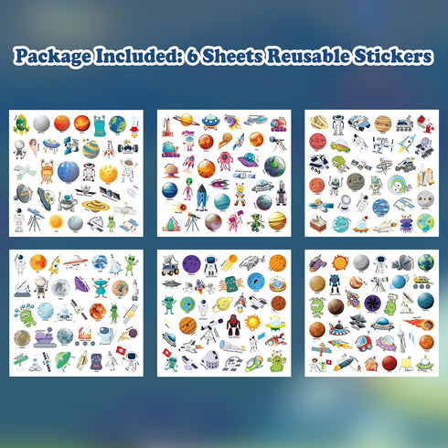 213 PCS Space Reusable Sticker Books for Kids, 6 Sheets Reusable Stickers for Toddlers, Cute Waterproof Toddler Stickers Age 3+, Window Clings Tra...