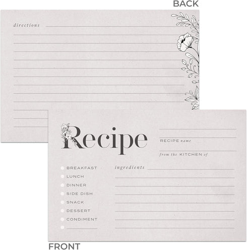Rustic Vintage Floral Recipe Cards from Dashleigh, 48 Cards, 4x6 inches, Beige-Grey, Water-Resistant and Double-Sided...