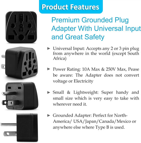 Europe to US Plug Adapter EU/UK/AU/in/CN/JP/Asia/Italy/Brazil to USA (Type A & B) American Travel Adapter and Converter, Wall Outlet Power Charger...