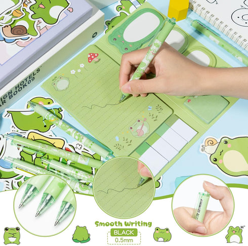 57Pcs Frog Sticky Notes with Pen Stickers Stationery Set 0.5mm Black Gel Ballpoint Pens Frog Self-Stick Notes Pads Cartoon Frog Vinyl Stickers Bac...
