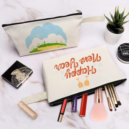 10 Pieces Cotton Canvas Makeup Bag with Bottom, Multi-Purpose Cosmetic Bag with Zipper Travel Toiletry Pouch, Blank DIY Craft Bag Pencil Bag (M, B...