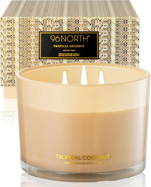 96NORTH Luxury Coconut Soy Candle | Large 3 Wick Jar Candle | Up to 50 Hours Burning Time | Tropical Beach Scented Candles for Home | 100% Natural...