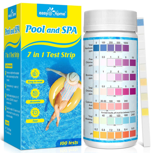 Swimming Pool Test Strips 100Count: Easy@Home 7-Way Accurate Water Chemicals Testing Kit for Chlorine, Bromine, Hardness, pH, CYA, Alkalinity...
