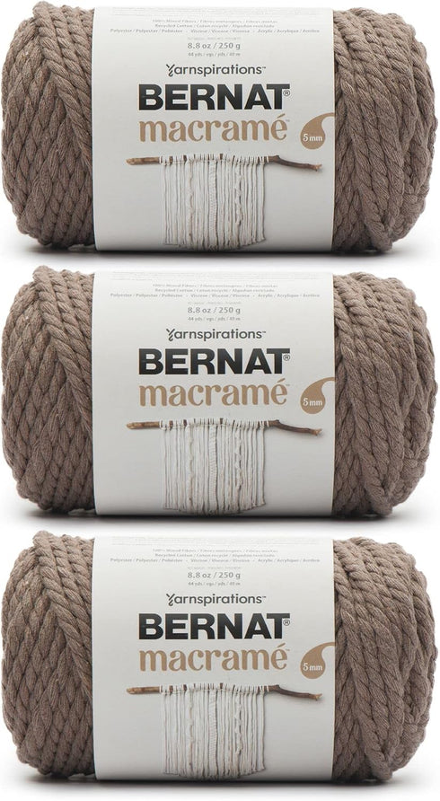 Bernat Macrame 3 Pack of 250g/8.8oz-Cotton-#6 Super Bulky-Knitting/Crochet Yarn, Gray......