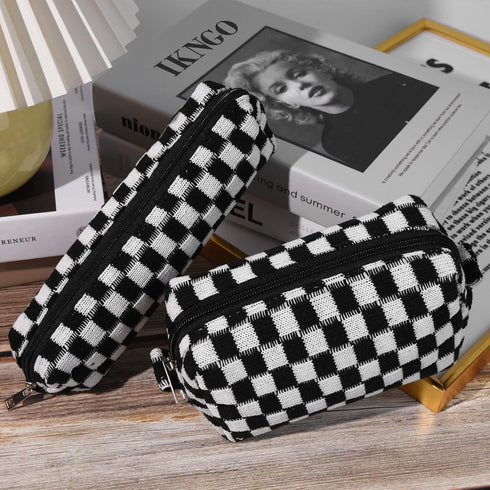 Makeup Bag Checkered Cosmetic Bag Black Makeup Pouch 1Pcs Large Capacity Makeup Bags and 1Pcs Makeup Brushes Storage Bag Travel Toiletry Bag Organ...