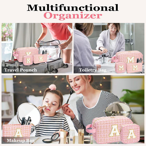 Initial Makeup Bag 3 Pieces Cute Make up Pouch Set -Pink Portable Makeup Brush Bag Travel Cosmetic Bag Multifunction Organizer Bag Monogram Person...