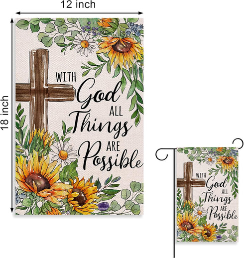 With God All Things Are Possible Christian Decorative Garden Flag, Religious Cross Sunflower Spring Summer Easter Yard Outside Decorations, Inspir...