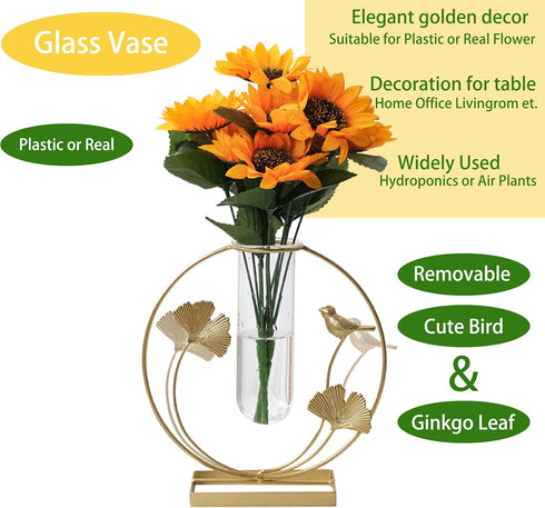 Home Decor Gold Flower Vase, Desktop Glass Vase with Gold Metal Ginkgo Leaf Stand, Hydroponics Plant Propagation Stations,Decorations for Living R...