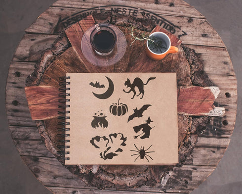 Reusable Halloween Theme Stencil 8.5" x 11" - Bat, Cat, Pumpkin, Witch Design for Spooky Crafts...
