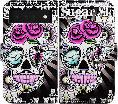 Case for Pixel 6 Pro, Purple Flower Sugar Skull Leather Flip Phone Case Wallet Cover with Card Slot Holder Kickstand for Google Pixel 6 Pro...