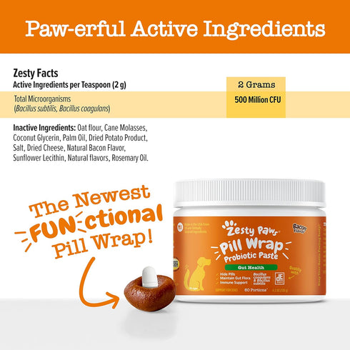 Zesty Paws Pill Wrap Probiotic Paste for Dogs - Immune & Digestive System Support - Bacon Flavor - with DE111 Bacillus subtilis - Pockets Any Pill...