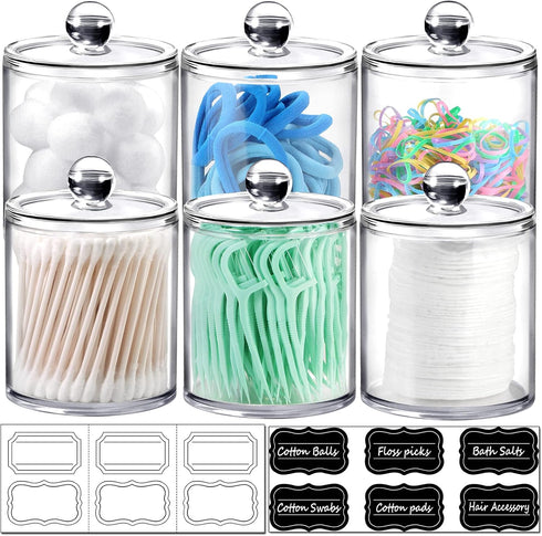 SheeChung 6 Pack Qtip Dispenser Apothecary Jars Bathroom with Labels - Qtip Holder Storage Canister Clear Plastic Acrylic Jar for Cotton Ball, Swa...