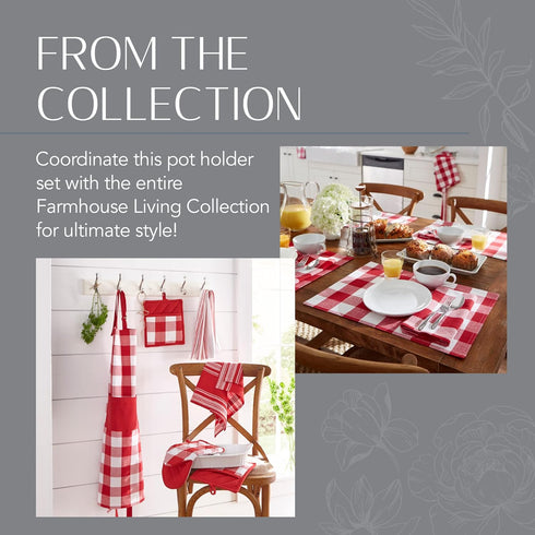 Elrene Home Fashions Farmhouse Living Buffalo-Check Pot-Holder Set, Rustic Pot Holders for Kitchen, Set of 2, 8" x 9", Red/White...