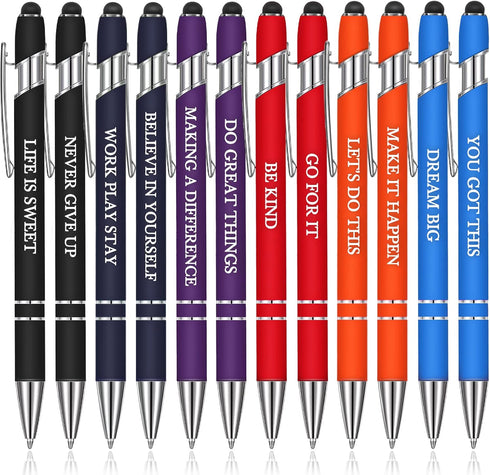 Zonon 12 Pieces Inspirational Motivational Quotes Ballpoint Pens with Stylus Tip Fine Point Smooth Writing Pens Metal Black Ink Pens Stylus Pen Se...