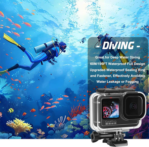 60M/196FT Waterproof Housing Case Compatible for Go Pro Hero12 Black/Hero11 Black/Hero10 Black/Hero9 Black, Protective Underwater Dive Case Shell ...