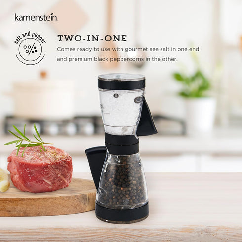 KAMENSTEIN One-Handed 2-in-a-1 Dual Salt and Pepper Grinder-Adjustable and Refillable, 8-Inch, Black...