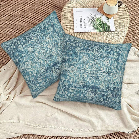 Teal Boho Pillow Covers 22x22 Set of 2, Bohemian Carpet Pattern Outdoor Decorative Throw Pillows Linen Ethnic Design Rustic Farmhouse Cushion Case...