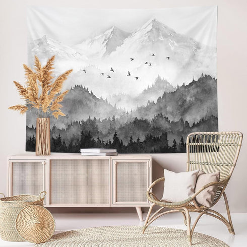 kampdream Mountain Forest Tapestry, Misty Foggy Black and White Tree Landscape Watercolor Art Wall Tapestries, Nature Scenery Tapestry for Bedroom...