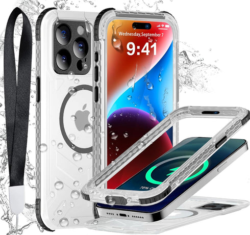 iPhone 15 Pro Max Waterproof Case Compatible with MagSafe, Translucent Slim IP68 Underwater Built-in Screen Protector, 12FT Military Grade, 360 Fu...
