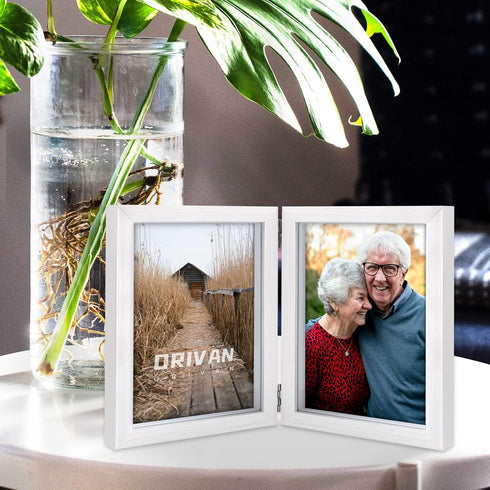 Double 5x7 Picture Frame Hinged Frame Vertical MDF Wood Photo Frames with Glass Front (White)...