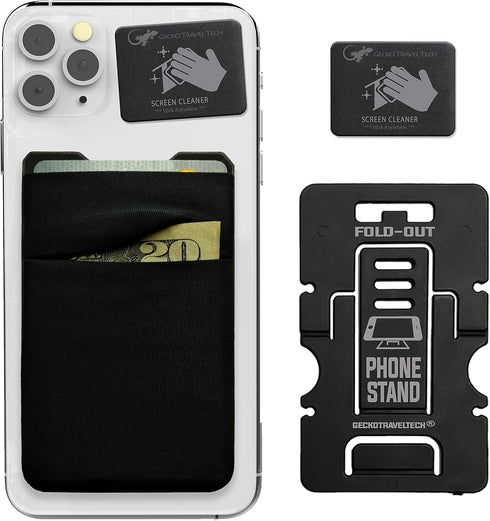 Phone Wallet Double Pocket Gecko - Adhesive Card Holder - Cell Phone Pouch - Stick on Spandex Pocket by Gecko - Carry Credit Cards and Cash (BLACK...