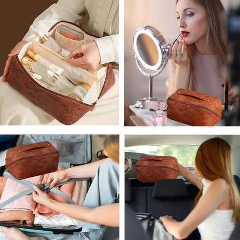 Travel Makeup Bags Cosmetic Organizer Case, Large Capacity Toiletry Bag for Women, PU Leather Waterproof Portable Makeup Pouch, Flat Lay Make Up O...