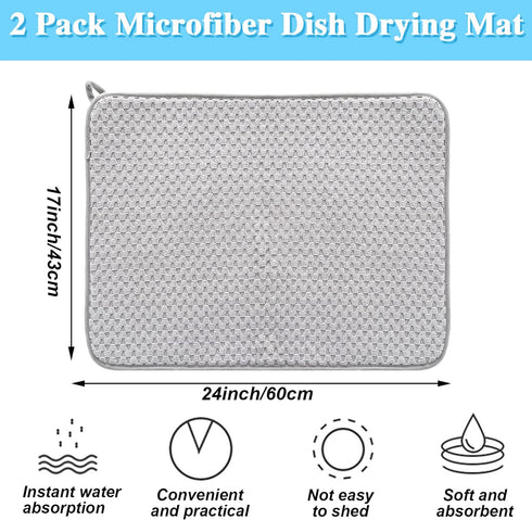2 Pack Microfiber Dish Drying Mat,24*17 inch Absorbent Dish Drainer Kitchen Counter,Large Size Dish Drying Pad for Countertops,Sinks,Draining Rack...