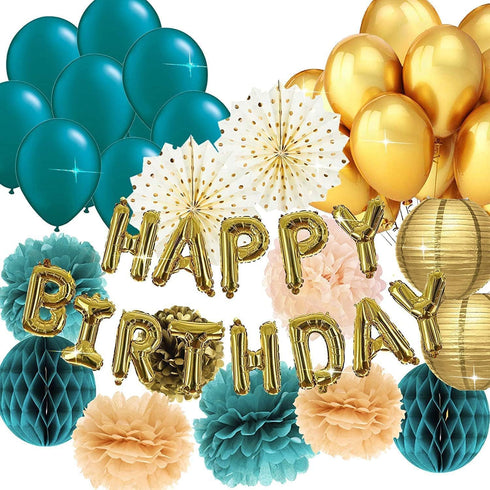 Teal Gold Birthday Decorations Women/Turquoise Teal Women Birthday Party Decorations Polka Dot Fans Teal Gold Balloons...