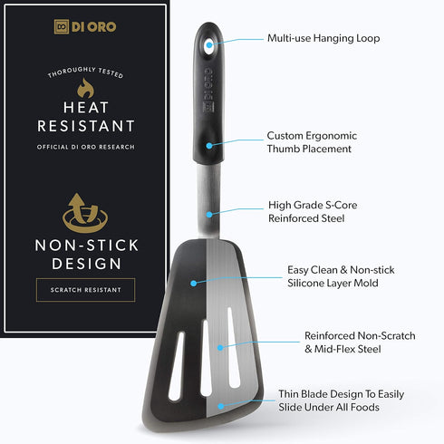 DI ORO Silicone Fish Turner - Nonstick Cookware Spatula, 600F Heat-Resistant, BPA Free, Slotted, Non Stick Thin Egg Flipper (Black)...