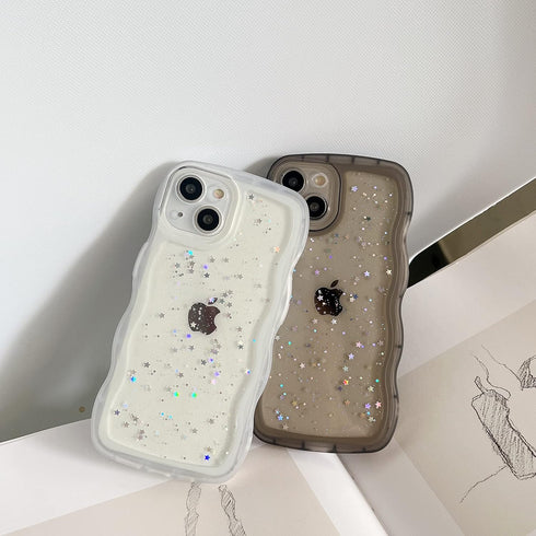 Qokey for iPhone 14 Plus Case 6.7" Curly Wave Edge Design Transparent Bling Glitter Star Shiny Case Cute Clear Transparent Full Protection Soft TP...