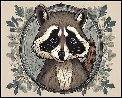 Posterizer 1 pcs- Cute raccoon portrait on a circular blue frame-Art for Animal Lovers-Floral Botanical Art- Gift for Men Women Teens-Living Room...