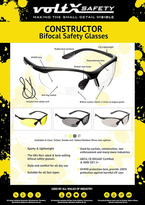 voltX 'CONSTRUCTOR' BIFOCAL Reading Safety Glasses (CLEAR +3.0 Dioptre) ANSI Z87.1+ & CE EN166F, certified/Cycling Sports Glasses includes safety ...