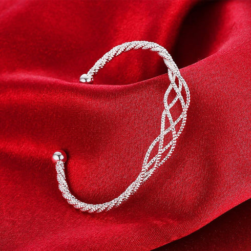 Sterling Silver Adjustable Wire Bracelet, Fashion Bangle Cuff Bracelet with beads at wire ends, Specail Follower Mesh Pattern on The Wire Middle F...