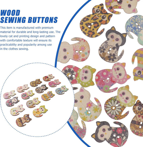 TENDYCOCO 50pcs Sewing Buttons Multicolored Cat Shaped 2 Holes Wood Printing Sewing Buttons (Mixed Color)...
