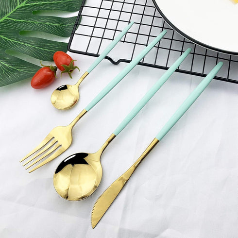 JASHII Flatware Serving Set 24 Piece, Stainless Steel Silverware Set, Mint Green Gold Cutlery, Modern Elegant Tableware for Party, Christmas, Dinn...