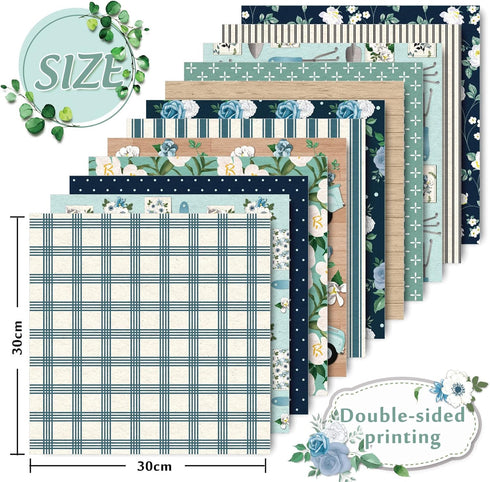 Whaline 12 Design Floral Pattern Paper Blue Flower Scrapbook Paper Double-Sided Decorative Craft Paper for Spring Easter Card Making Scrapbook Pho...