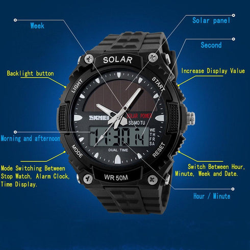 MASTOP solar energy watch led luminous indication 2 Time Zone 50m waterproof watch(Silver)...