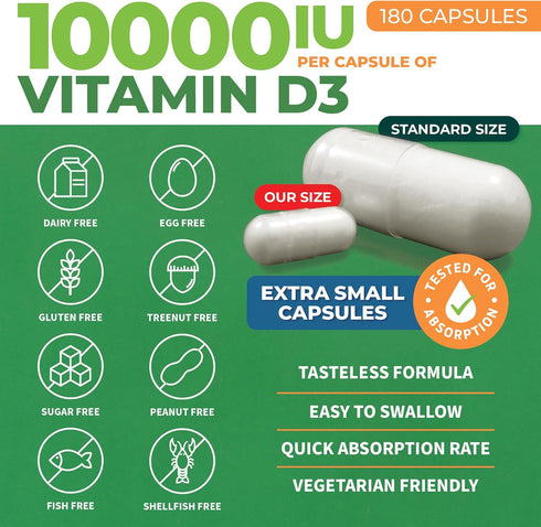 ForestLeaf Vitamin D3 10000IU - Bone Health and Immune Support - Small Easy to Swallow Capsules - Non-GMO Gluten Free VIT D - VIT D3 Vitamin D Sup...