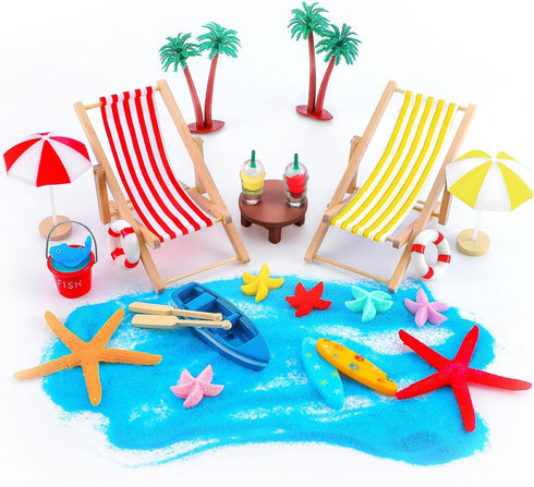 25 Pcs Beach Miniature Dollhouse Decoration, Umbrella Palm Chair Miniature Toys Garden Decorations Dollhouse Outdoor Accessories Beach Decorations...