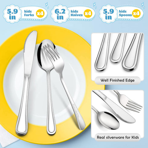 E-far 12-Piece Kids Silverware, Stainless Steel Toddler Kids Utensils Safe for Preschooler/Children, Includes 4 Forks 4 Spoons 4 Knife, Slimline A...