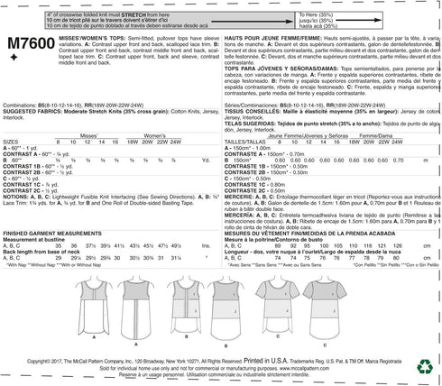 McCall's Misses'/Women's Pullover Tops With Contrast And Sleeve Variations Pattern, 18W-20W-22W-24W...