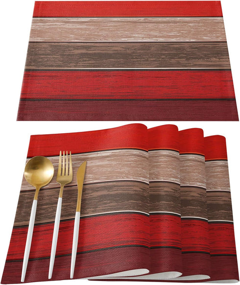 Vandarllin Christmas Red Brown Placemats Set of 6, Retro Rustic Barn Wood Texture Polyester Stain Resistant Table Mats Washable Placemat Decoratio...
