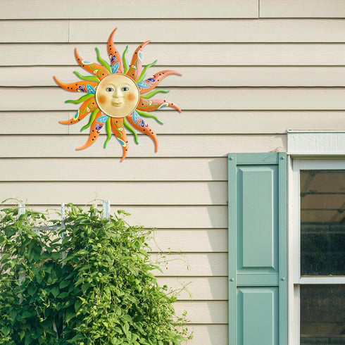 Metal Sun Wall Art Decor-17.3 inches Rustic Retro Sun Hanging Decoration for Indoor Outdoor Garden Yard Patio Fence Living Room Bedroom(Green)...