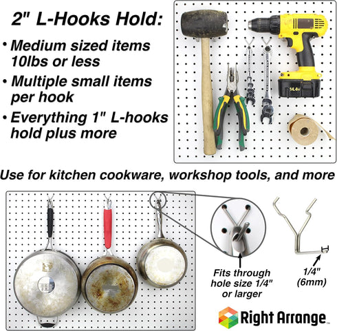 Pegboard Hooks 50-Pack 1" + 2” L Hook - Zinc Plated - Will Not Fall Out - Fits Any Peg Board - Organize Tools, Accessories, Workbench, Garage Stor...