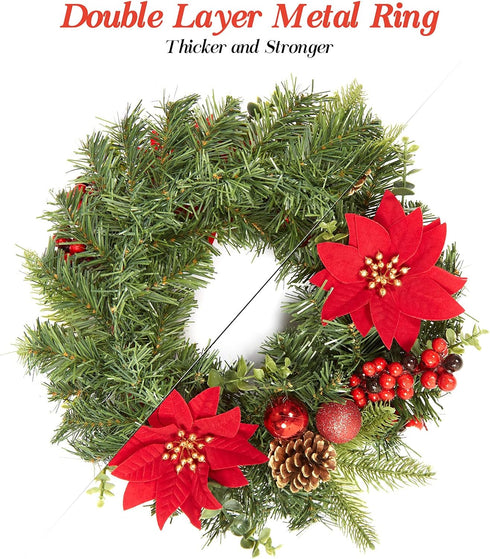 Adeeing 16 Inch Christmas Wreath, Outdoor Christmas Wreath with Red Artificial Poinsettia Flowers Ball Ornaments Pine Cones Berries for Door Wall ...