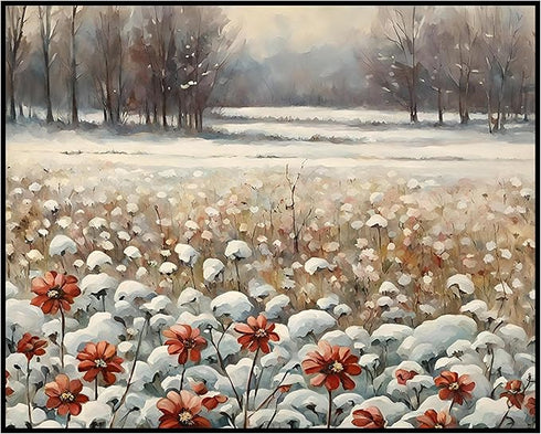 Posterizer 1 pcs-snowy winter flowers scene in oil painting style-3-Landscape & Nature Art-Floral & Botanical Art- Dining Room Decor- unframed wal...
